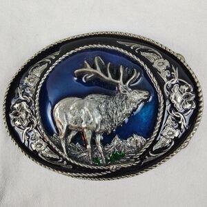 Silver and Blue Elk Belt Buckle